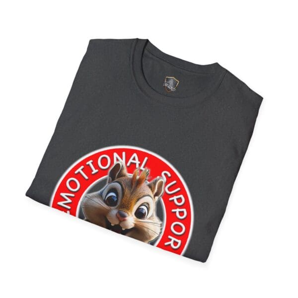 Black T-shirt featuring the Emotional Support Chipmunk design with a cartoon chipmunk face inside a red circle and the words "EMOTIONAL SUPPORT" encircling it.