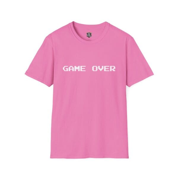 Game Over T-Shirt in pink featuring the phrase "GAME OVER" printed in a white, pixelated font on the front.