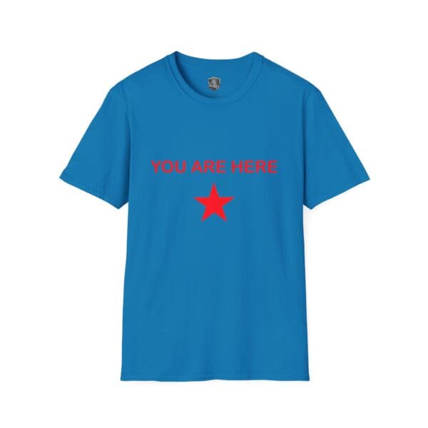 Guiding Star Tee Shirt in blue with red text "YOU ARE HERE" above a red star on the front.