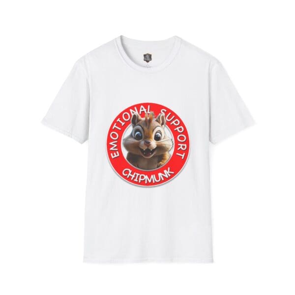 Emotional Support Chipmunk T-Shirt featuring a cartoon chipmunk and the words "Emotional Support Chipmunk" in red on the front.