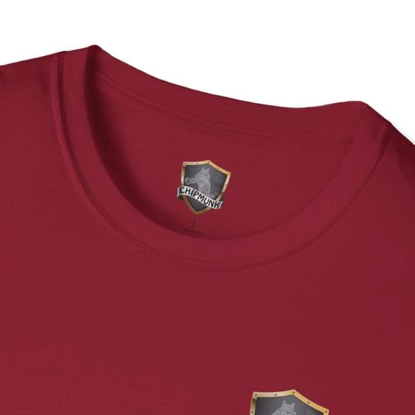 A close-up of a maroon Chipmunk Family T-Shirt featuring a label that displays a shield logo and the word "Chipmunk.