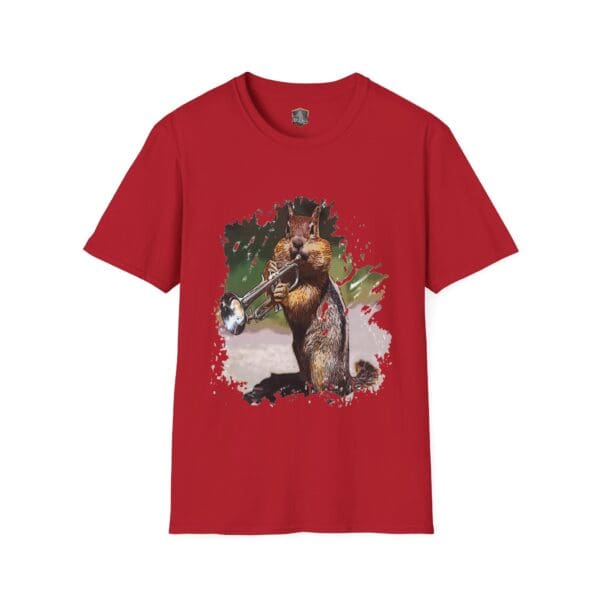 OG Chipmunk T-Shirt in red, showcasing a graphic design of a squirrel playing a trumpet.