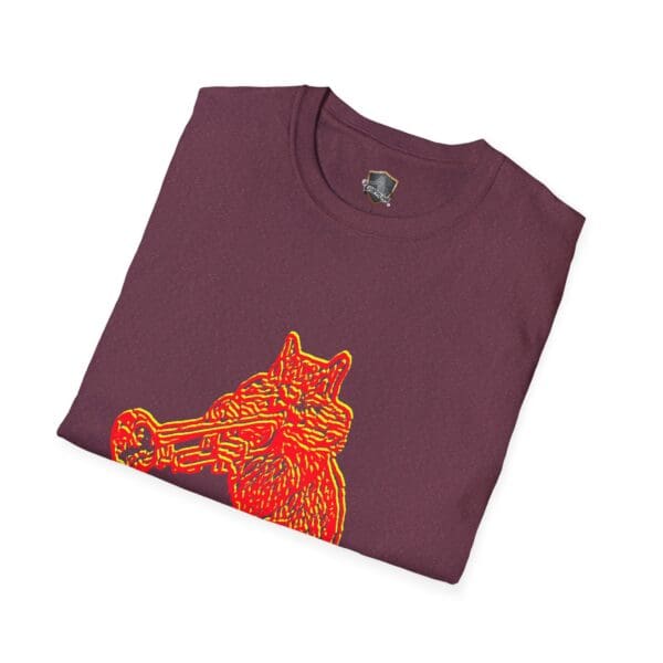 Folded Chipmunk T-shirt in maroon, showcasing a graphic of a cat playing a trumpet in vibrant neon colors.