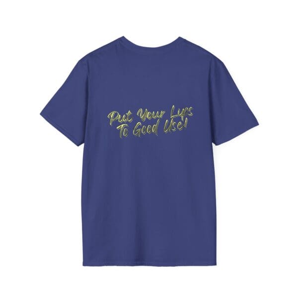 The OG Chipmunk T-Shirt in blue, featuring the phrase "Put Your Lips To Good Use!" in yellow script on the back.