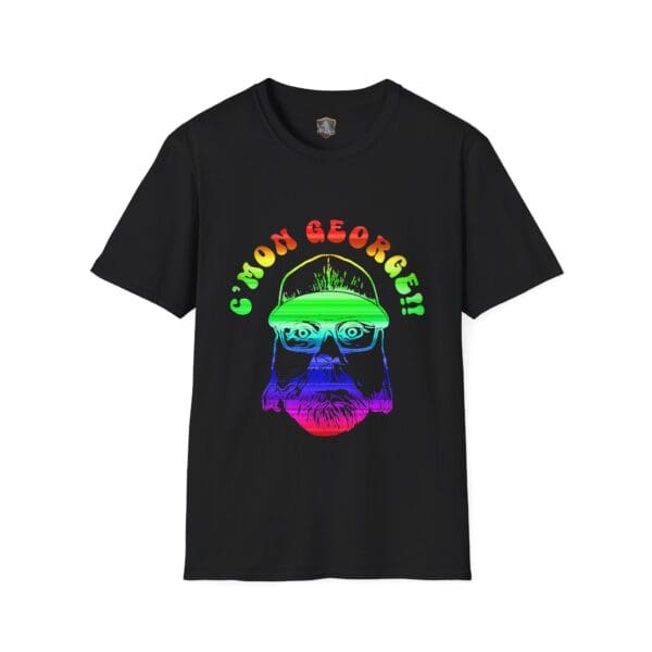 The "C'mon George!! Retro Rainbow Roadie T-Shirt" is a black t-shirt featuring a vibrant, psychedelic depiction of a bearded face wearing glasses and a cap, with the phrase "C'MON GEORGE!!" above it.