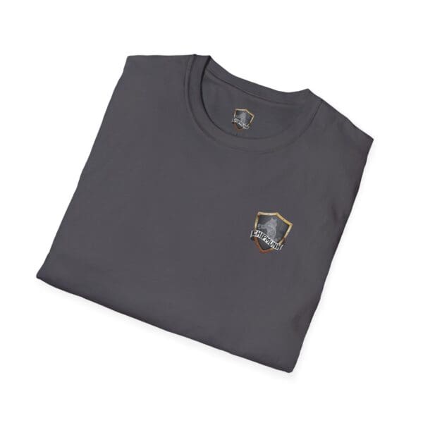 A folded Chipmunk Family T-shirt in gray, featuring a small shield emblem and the word “Emergency” on the chest.