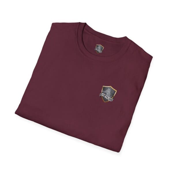 Folded F Cancer Childhood Cancer Awareness T-Shirt in maroon, featuring a small shield emblem on the chest.