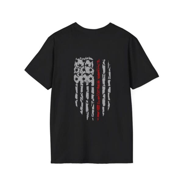 Firefighter Support T-Shirt in black, featuring a distressed American flag design on the back with a red vertical stripe.