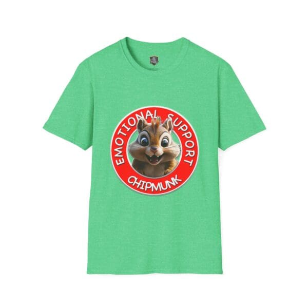 Green Emotional Support Chipmunk T-Shirt with a circular graphic of a smiling chipmunk and the words "Emotional Support Chipmunk" in red and white.