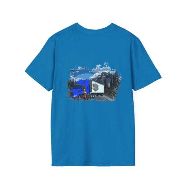 Chipmunk Trucker Shirt in blue showcasing an image of a semi-truck on a mountain road.