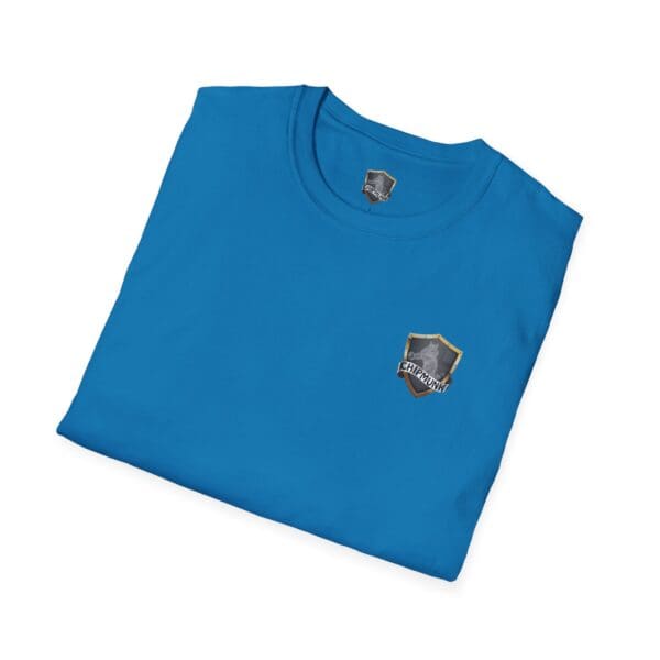 Folded blue Chipmunk Trucker Shirt featuring a small shield logo on the front.