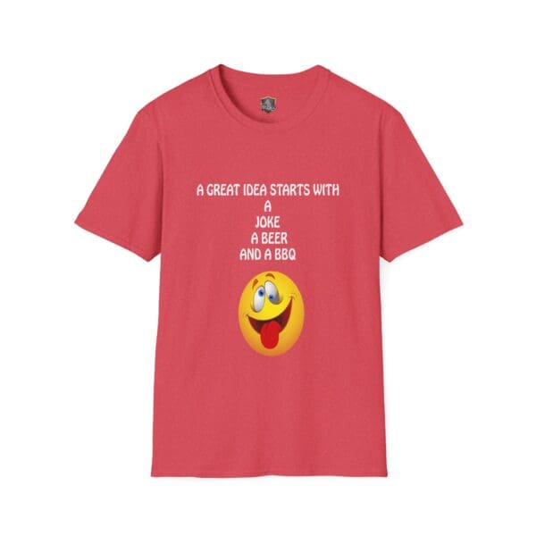 Great Idea T-shirt featuring a smiling emoji and the text: "A great idea starts with a joke, a beer, and a BBQ.