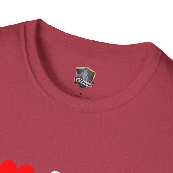 Close-up of a red t-shirt featuring the "I ❤️ Mom Bods" logo just below the neckline.