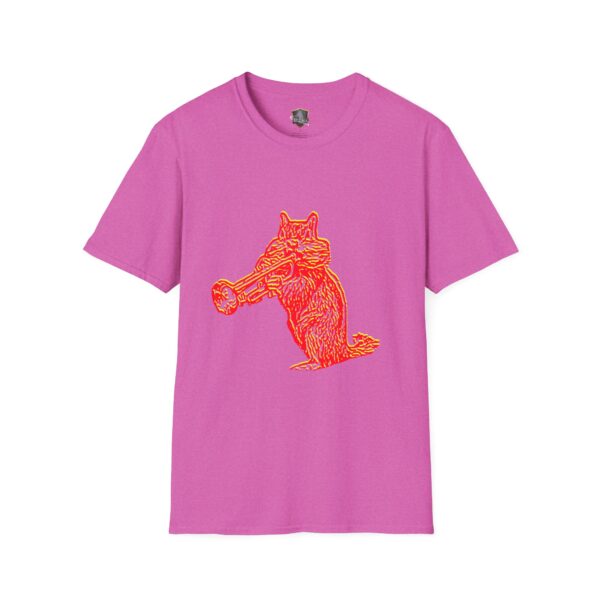 Chipmunk T-Shirt in purple with an abstract illustration of a cat playing a trumpet in vibrant orange.