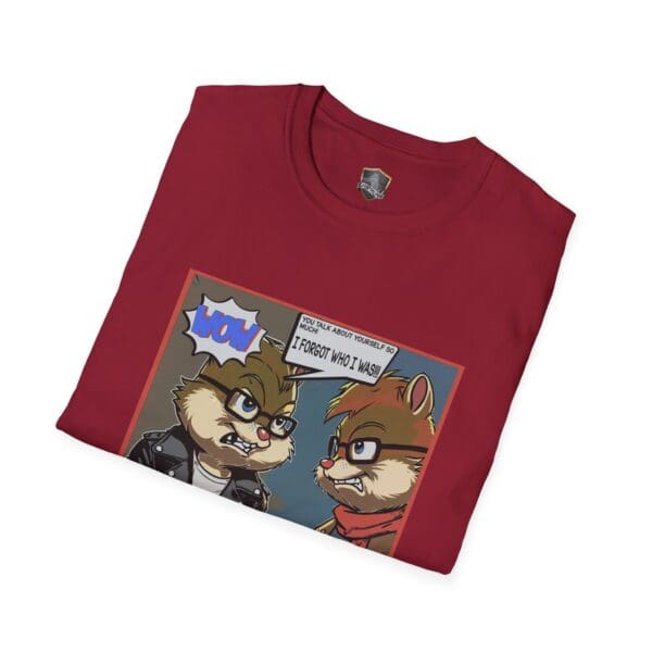 A folded maroon Overt Narcissism - Forgetting Myself Graphic Tee featuring an illustration of two cartoon chipmunks, one wearing a leather jacket and the other sporting a red bandana. The speech bubbles say "WOW" and "I forgot who I was.