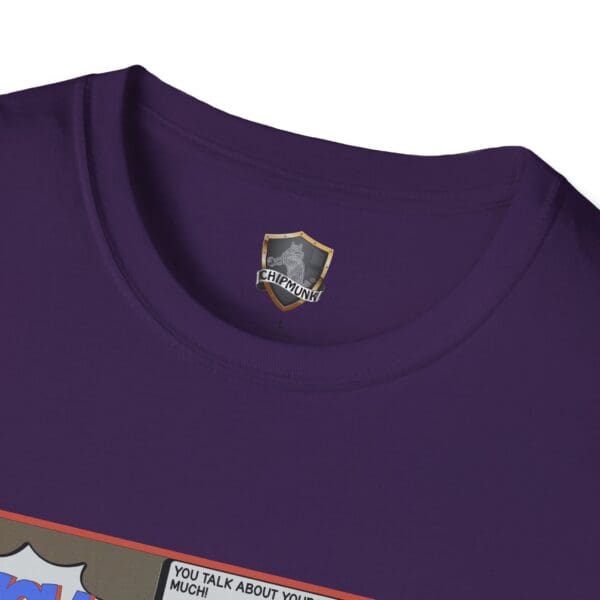 Purple Overt Narcissism T-shirt, featuring a graphic design and a label with a shield logo displaying the text "Chipmunk.