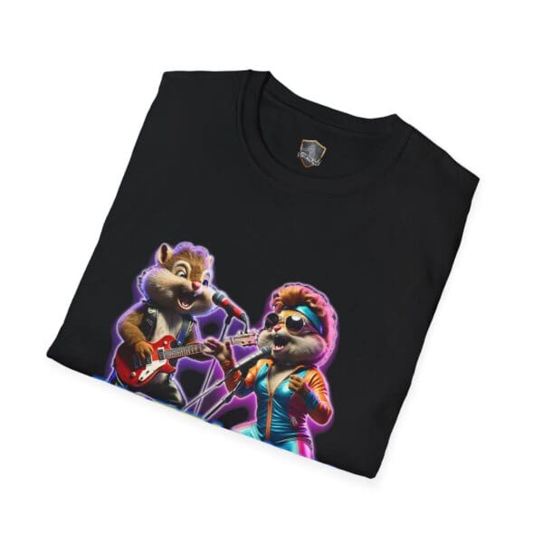 Chipmunk Retro T-shirt showcasing two cartoon chipmunks rocking out with an electric guitar and singing. One chipmunk sports sunglasses and a colorful outfit, while the other wears a vest. The characters are highlighted with vibrant neon colors.