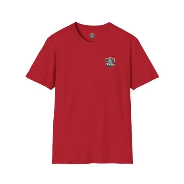 Chipmunk Trucker Shirt in red featuring a small, shield-shaped emblem on the left chest.