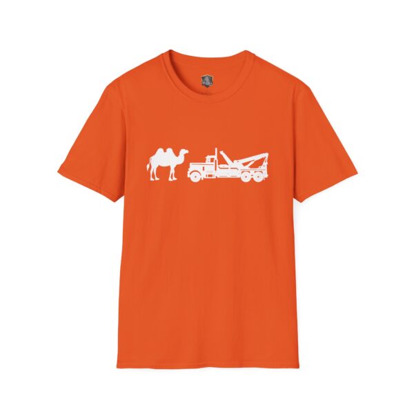 Camel Tow T-shirt in orange featuring a white graphic of a camel and a tow truck on the front.