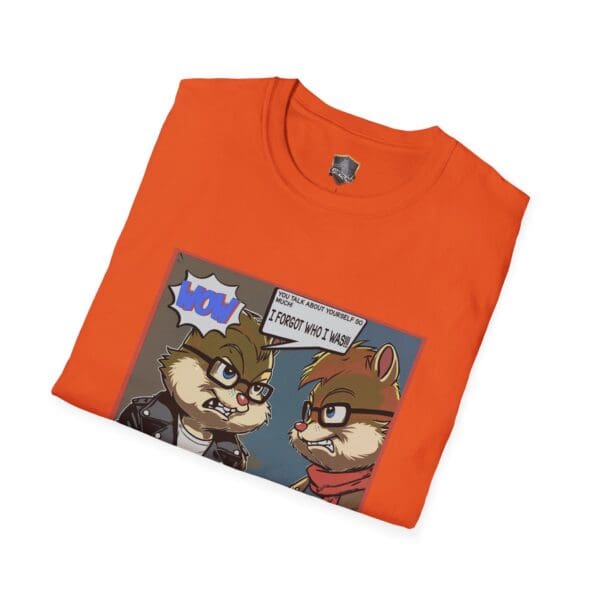 Orange graphic tee titled "Overt Narcissism - Forgetting Myself" features cartoon chipmunks with speech bubbles in a comic strip style, including one saying "I forgot who I was.