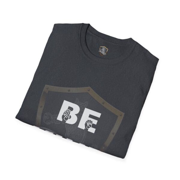 A folded black T-shirt featuring a shield design with the letters "BE" from the Be Kind in Sign Language T-Shirt collection.