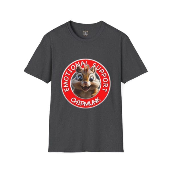 Gray Emotional Support Chipmunk T-Shirt featuring a cartoon chipmunk face with "Emotional Support Chipmunk" in red lettering around it.