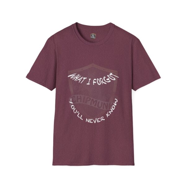 Maroon t-shirt featuring the "What I Forgot You Will Never Know" shield logo and text.