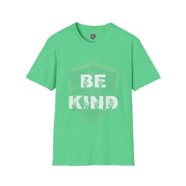 Green T-shirt featuring a shield graphic with the words "Be Kind" in white letters, expressed in sign language.