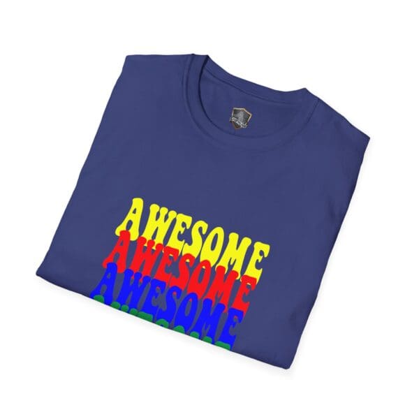 A folded Awesome Shirt in blue, featuring the word "AWESOME" printed multiple times in yellow, red, and blue.