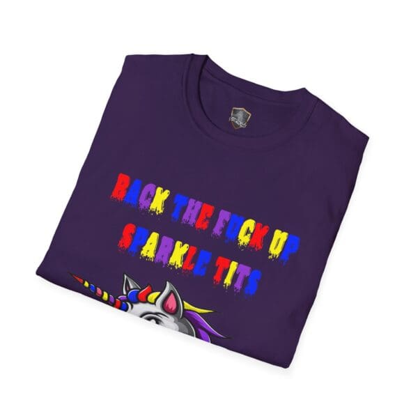 A purple T-shirt named the "Colorful Angry Unicorn Tee," featuring a vibrant unicorn and the bold, multicolored text "Back The Fuck Up Sparkle Tits.