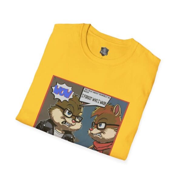 A yellow t-shirt with a cartoon print of two anthropomorphic animals having a conversation, featuring the design "Overt Narcissism - Forgetting Myself Graphic Tee," where one says, "Wow!" and the other replies, "You talk about trouble?? I forgot who I was!".