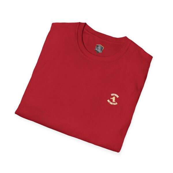 A red Chipmunk Bobber T-Shirt with a small embroidered logo on the chest, neatly folded.