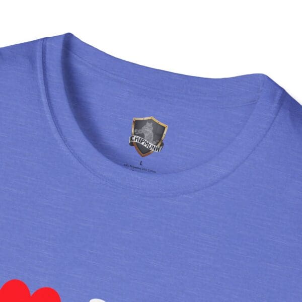 Close-up of the "I ❤️ Mom Bods" T-shirt in blue, highlighting the neckline and a label featuring the "Chipmunk" logo.