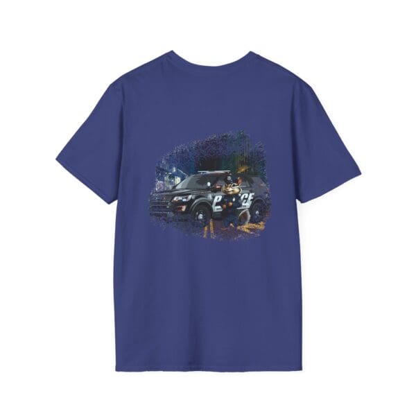 Police Car T-shirt showcasing a blue design with an illustration of a police SUV in a nighttime scene.