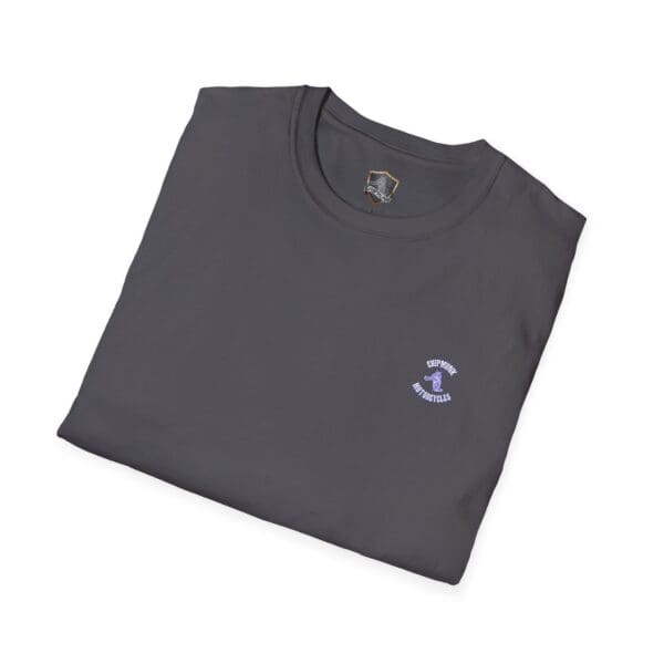 A folded Chipmunk Motorcycle T-Shirt in dark gray featuring a small white and purple logo on the left chest area.