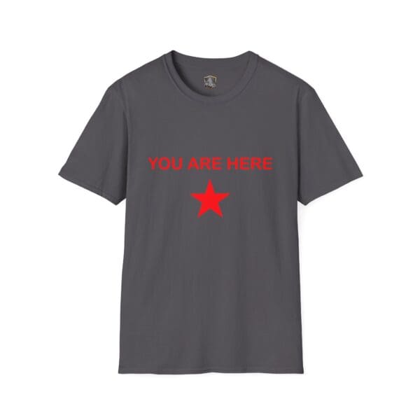 Guiding Star Tee Shirt in gray, embellished with the text "YOU ARE HERE" and a red star printed below it in red.