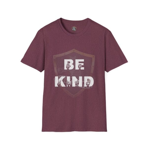 A maroon T-shirt named "Be Kind in Sign Language" featuring the words "Be Kind" in white letters, accompanied by a shield graphic in the background.