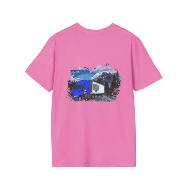 Introducing the Chipmunk Trucker Shirt, a pink t-shirt showcasing a graphic of a blue semi-truck navigating a mountain road.