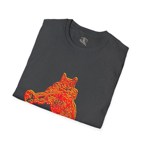 Folded black Chipmunk T-Shirt showcasing a graphic of a red-orange cat playing a trumpet on the front.