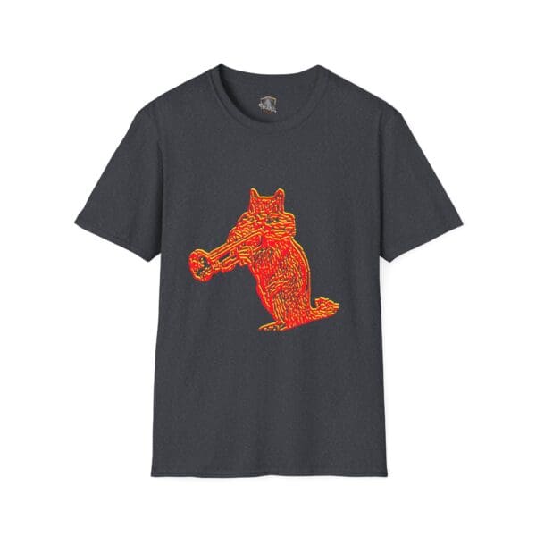 Chipmunk T-Shirt in black, with an orange raccoon image playing a trumpet.