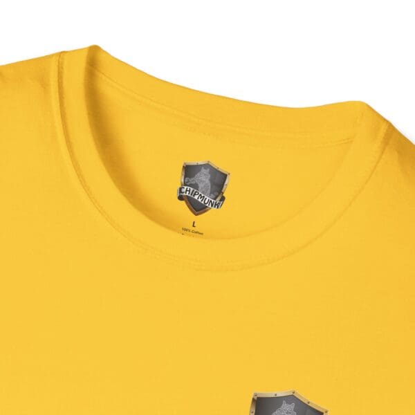 A close-up of a yellow Chipmunk Family T-Shirt highlighting the collar and inner label with the brand name "CHIPMUNK" and size "L.