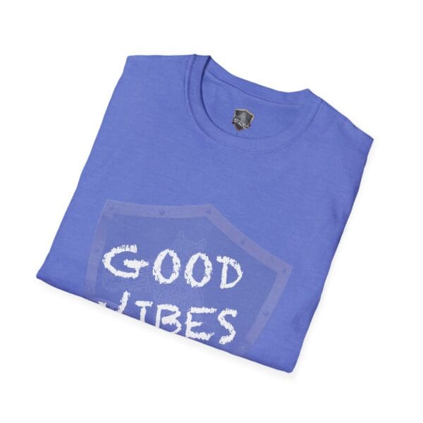 Folded blue Good Vibes Only Shirt with white "Good Vibes" print.