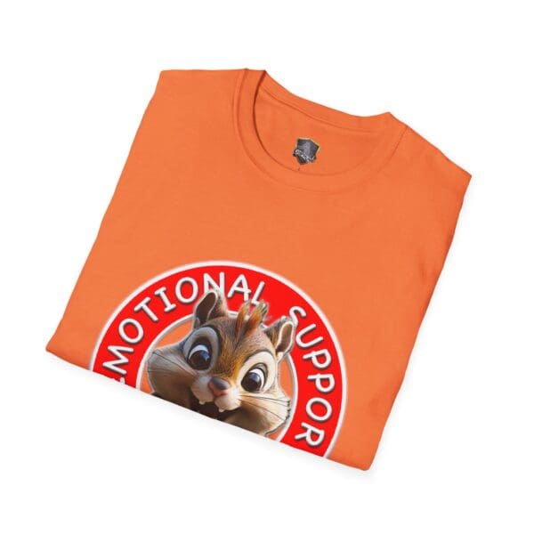 Orange t-shirt showcasing the "Emotional Support Chipmunk" design.