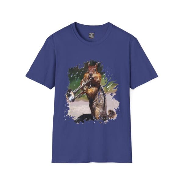 OG Chipmunk T-Shirt in blue showcasing an illustration of a squirrel playing a trumpet.