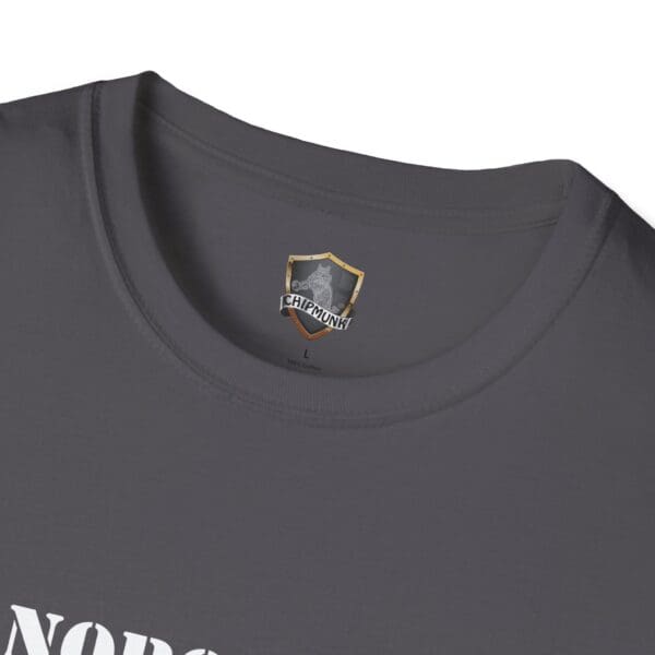 Close-up of a gray "Nobody Is Perfect" Statement T-shirt highlighting the neckline and a label with the brand name Chipmunk.