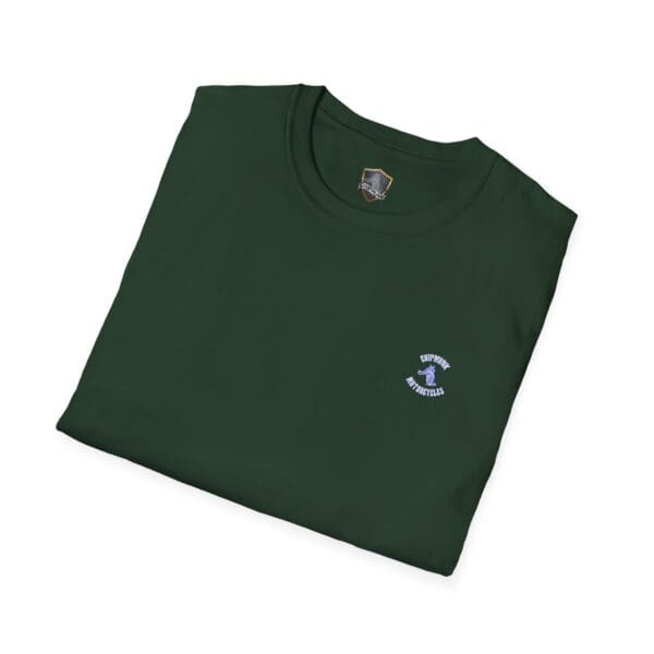 A folded Chipmunk Motorcycle T-shirt in dark green, featuring a small embroidered design on the upper left side.