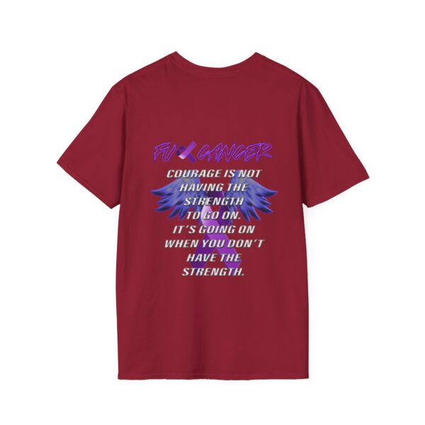 F*ck Cancer Ribbon T-Shirt: A red tee showcasing "FU Cancer" with motivational text about courage and strength, set against a backdrop of blue wings.