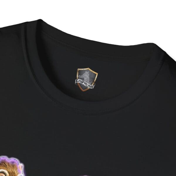 Close-up of a black Chipmunk Retro T-shirt with a Chipmunk logo on the inside collar.