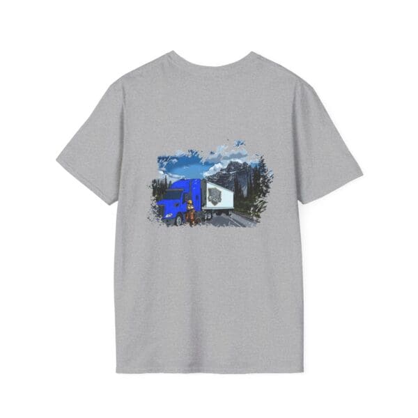 Chipmunk Trucker Shirt in gray, showcasing a graphic of a blue semi-truck on a picturesque mountain road.