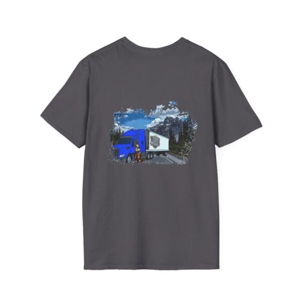 Chipmunk Trucker Shirt in charcoal gray, showcasing a blue truck with a trailer traveling on a mountain road.